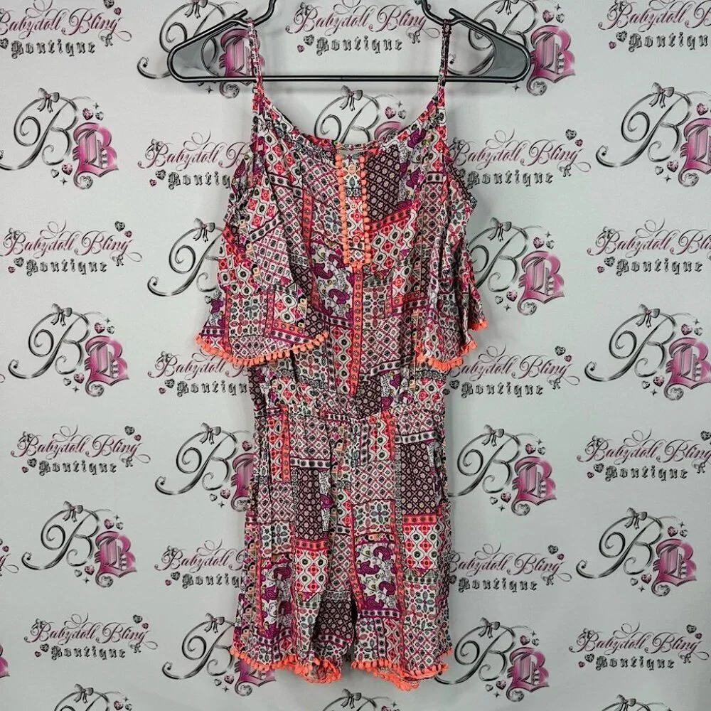 Lc Waikiki romper Aztec boho one piece jumper Vibrant Patchwork Kids Pom Poms